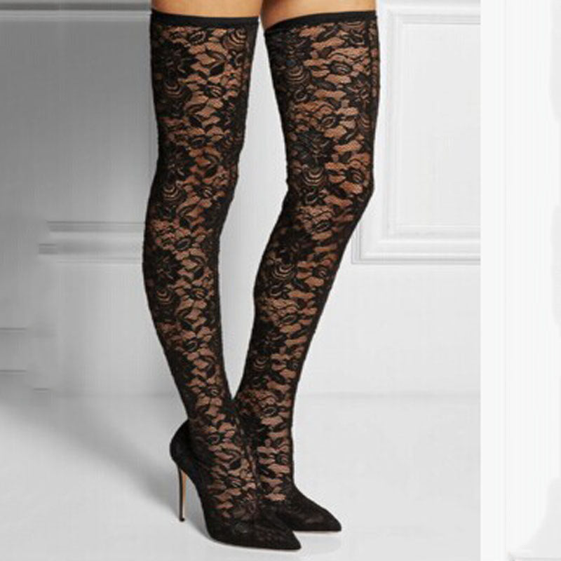 Sexy Black Lace Pointed Toe Thigh High Boots