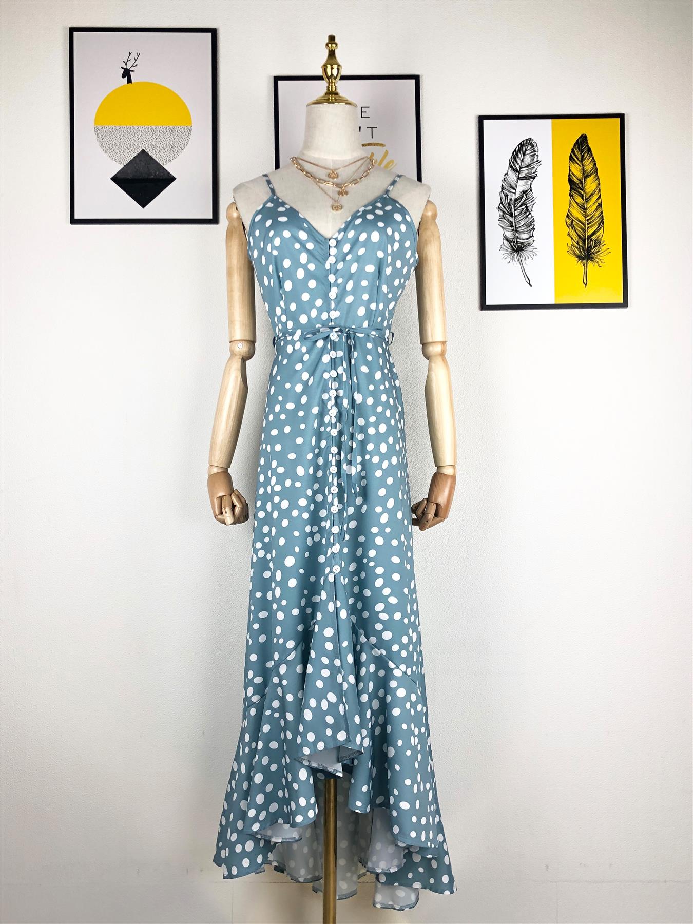 Frill Detail Strappy High Low Dress In Dark Egg Blue With Spot Print