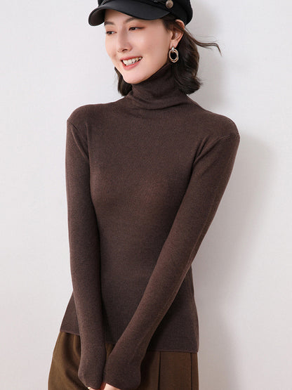 Simple Skinny Long Sleeves Solid Color High-Neck Sweater Tops Pullovers-Homeunderwear