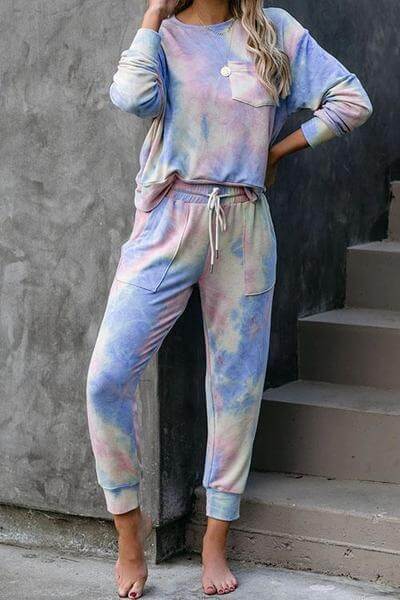 Pajamas Tie Dye Loose High Waist O Neck Strap Two Pieces Set