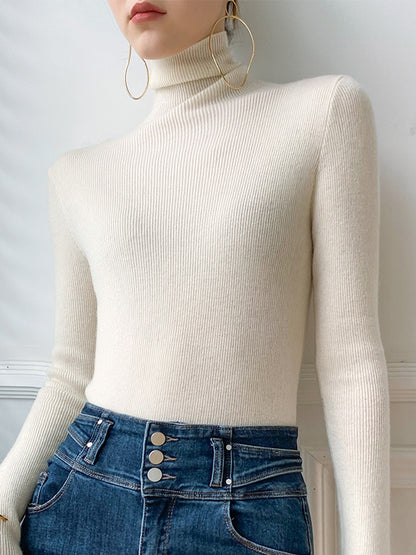 Simple Skinny Solid Color High-Neck Sweater Tops Pullovers-Homeunderwear