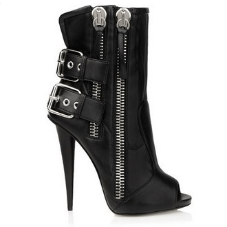 Peep Toe Leather Buckle High Heel Ankle Boots