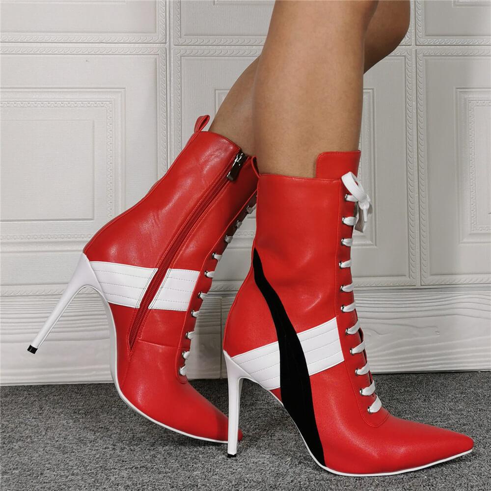 Red PU Point Toe Strap High Heel Calf Boots