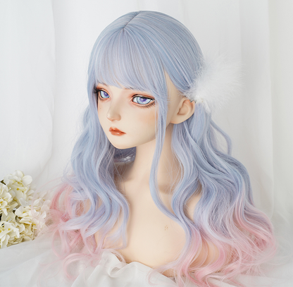 Free Shipping For Hivava Aqua Blue Gradient Neat Bang Long Curly Wig