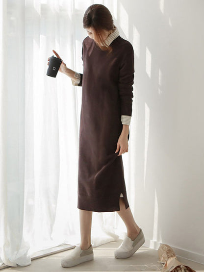 Casual Long Sleeves Loose Solid Color Round-Neck Sweater Dresses-Homeunderwear