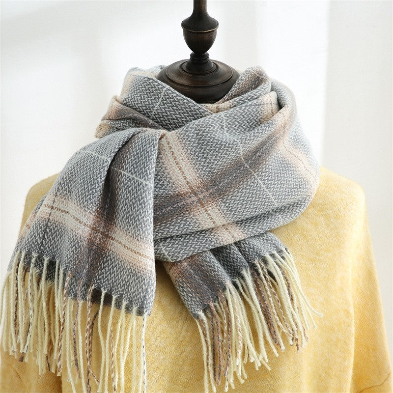 Imitated Cashmere Warm Plaid Tassled Shawl Scarf