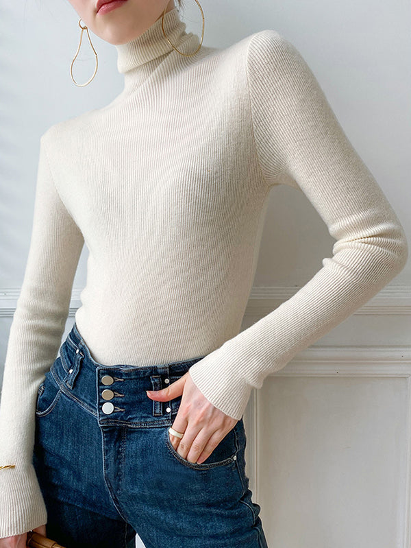 Simple Skinny Solid Color High-Neck Sweater Tops Pullovers-Homeunderwear