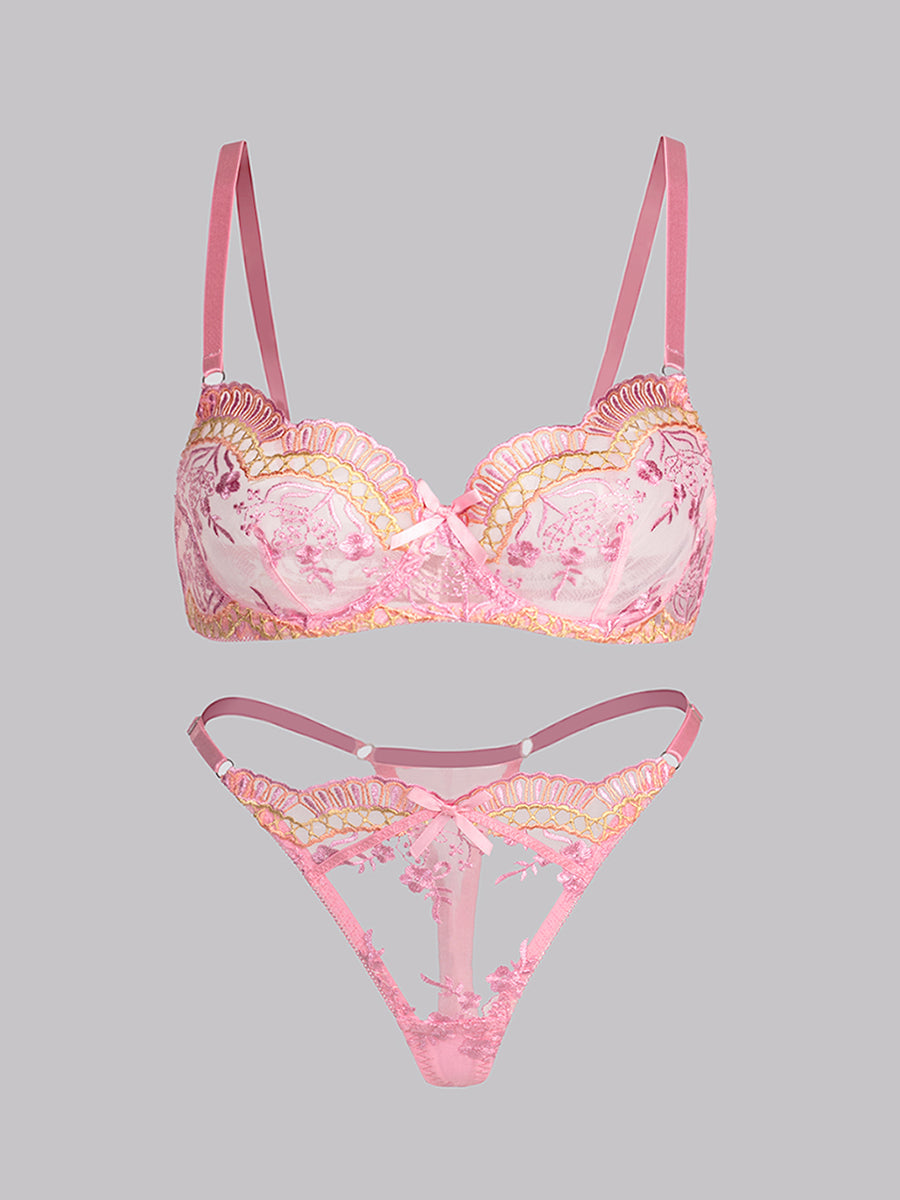 Free Shipping For Pink Fancy Embroidery Lingerie Set