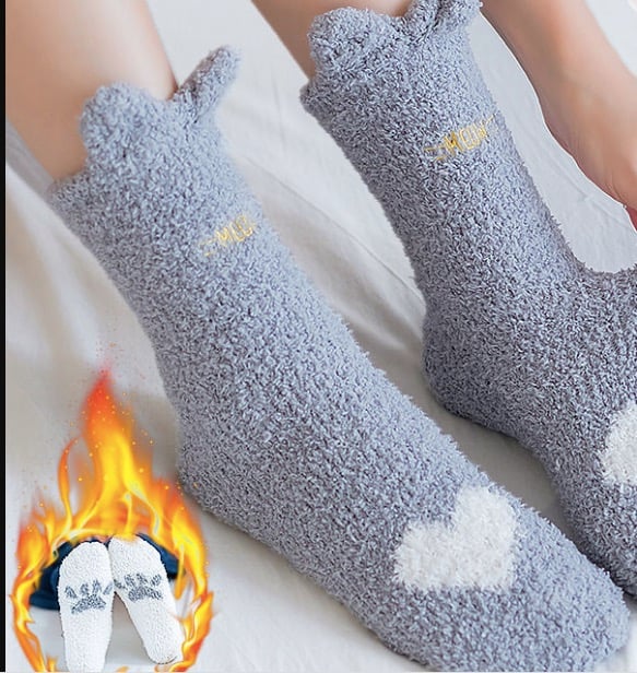 Cute Cat Coral Velvet Sleep Socks Women Plus Velvet Thick Tube Socks Winter Warm Home Sleeping Floor Socks