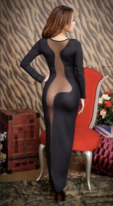 Women Black Long Dress Robe Nightwear Lady Slips Patchwork Mesh See Throught Dress Back Hollow Out Party Night Club Sleepwear