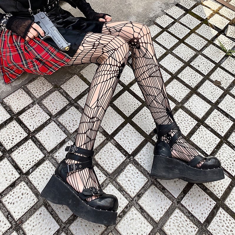 Black Suspender Silk Stockings Lace Sexy Thin Mesh Hollowed Out Geometry Thin Pantyhose Fashion Spider Web Stockings