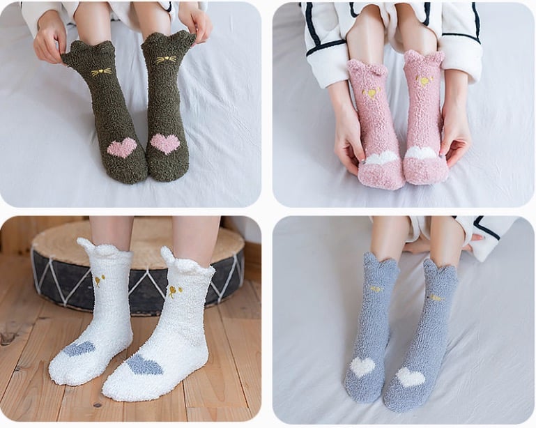 Cute Cat Coral Velvet Sleep Socks Women Plus Velvet Thick Tube Socks Winter Warm Home Sleeping Floor Socks