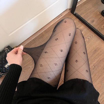 Black Rhombic Jacquard Clover Black Silk Stockings Net Thin Leg Pantyhose