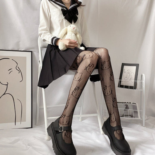 Kitty Cat JK Black Silk Stockings Female Anti Hook Silk Sexy Thin Hollow Fishing Net Stockings Student Summer Pantyhose