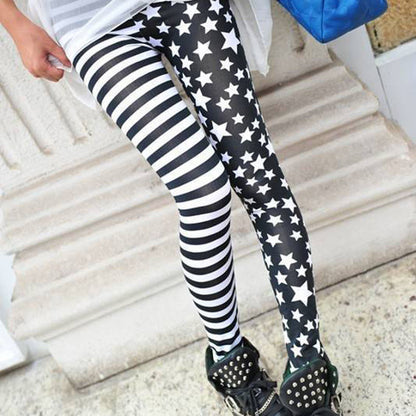 Ice Silk Leggings Striped Star Contrast Printing Elastic Tight Skinny Pants