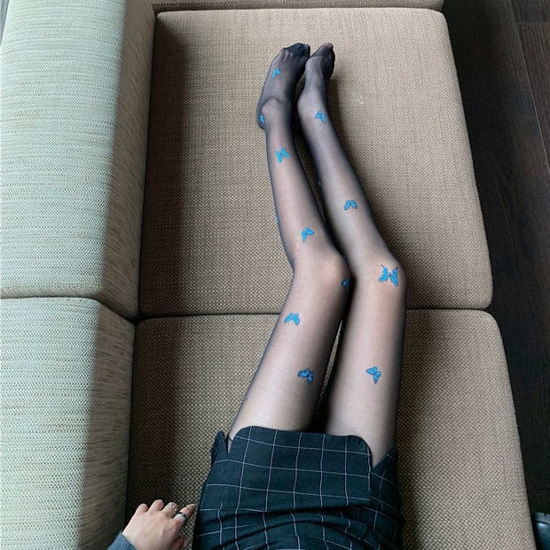 Blue Butterfly Black Silk Sexy Pantyhose