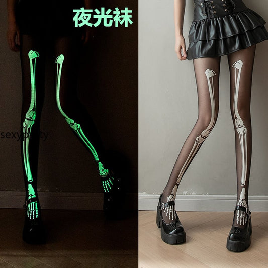 Sexy Black Luminous Skull Skeleton Luminous White Bone Stockings Disco Dancing Halloween Pantyhose