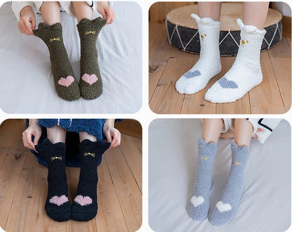 Cute Cat Coral Velvet Sleep Socks Women Plus Velvet Thick Tube Socks Winter Warm Home Sleeping Floor Socks