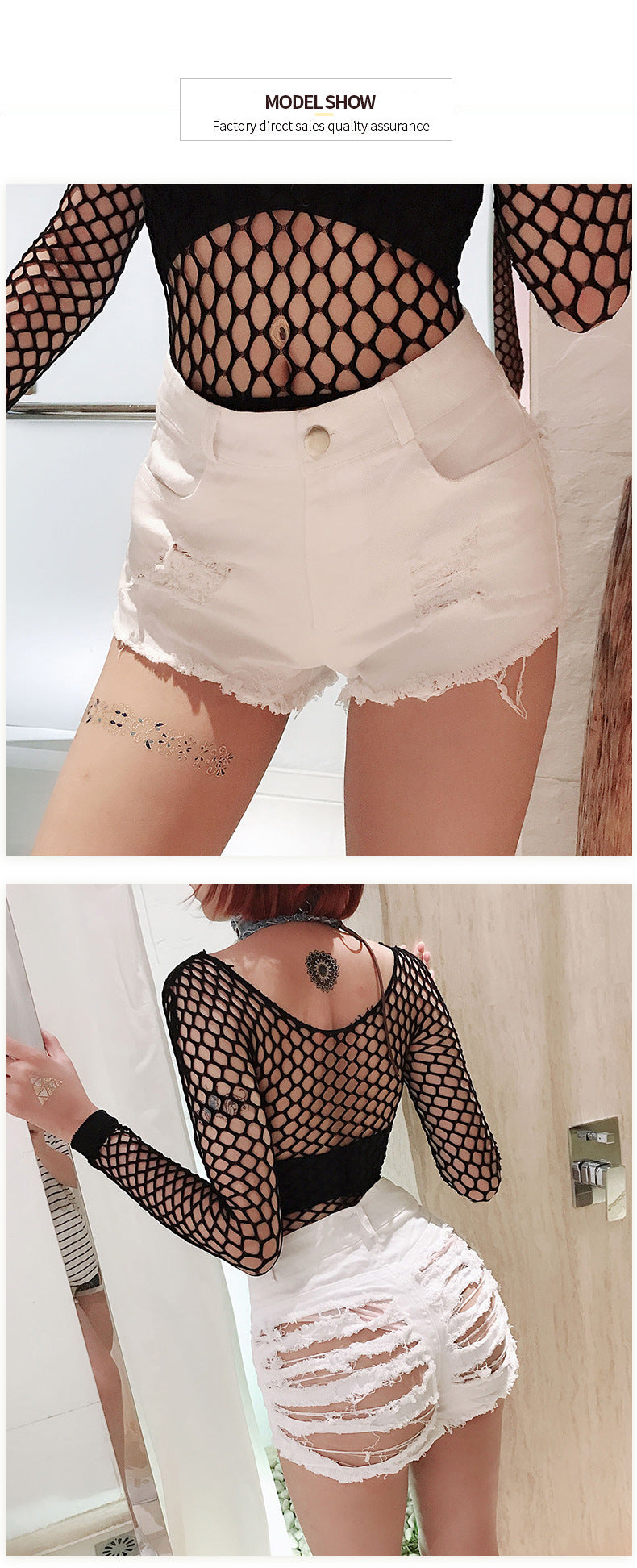 Nightclub women's sexy high waist perforated denim shorts