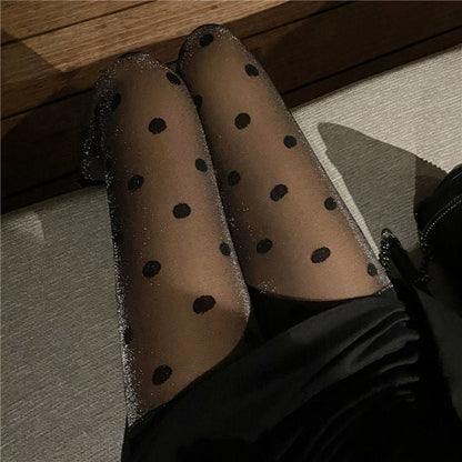 Sexy Retro Big Polka Dot Stockings Black Ins Tide Flash Printing Ultra-thin Black Stockings Female  Jk Socks