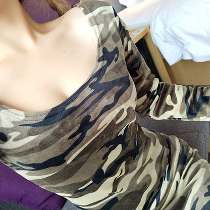 Sexy Nightclub Low Cut Trend Camouflage Printed Long Sleeve Dress