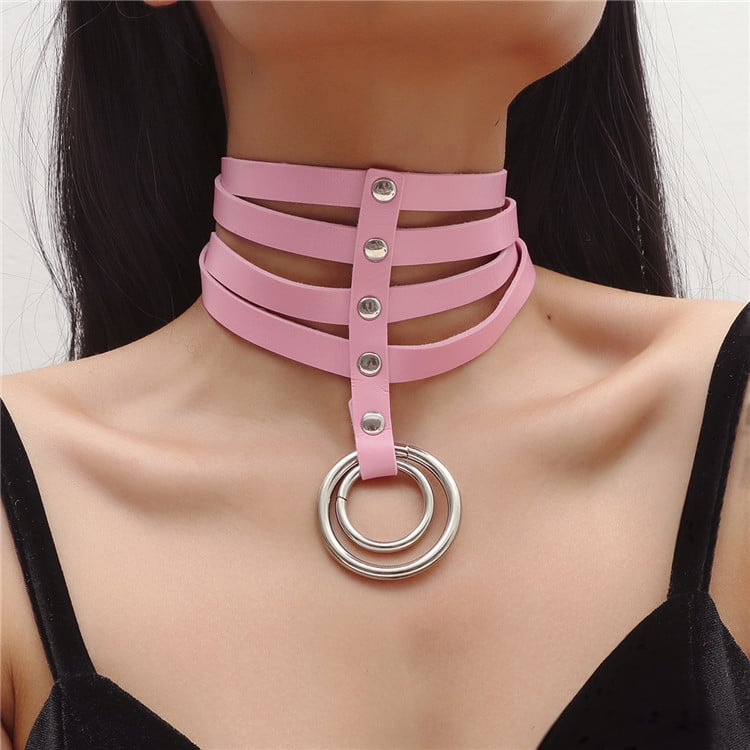 PU Necklace Bar Rivet Necklace Ring 4 Rows Leather Necklace Chain