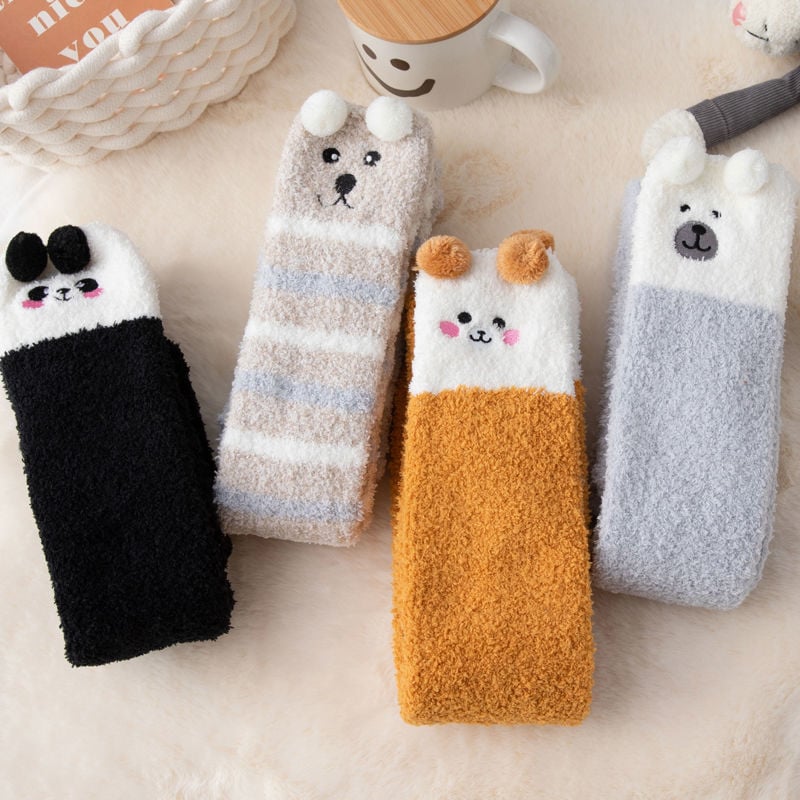 Winter Warm Knee Thick Socks Female Coral Fleece Winter Long Tube Was Thin Jk Student Cute Bear High Tube Socks