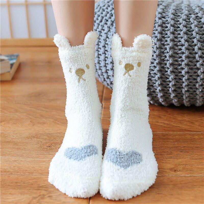 Cute Cat Coral Velvet Sleep Socks Women Plus Velvet Thick Tube Socks Winter Warm Home Sleeping Floor Socks