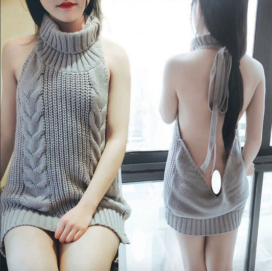 Free Shipping Sexy Gray Blackless Sleeveless Sweater Dress