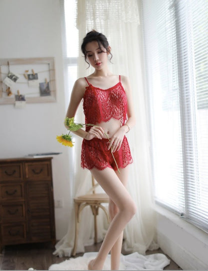 Hollow Pajama Set Lace Women Homewear Sexy Pajamas for Femme See Through Sleepwear Nightwea