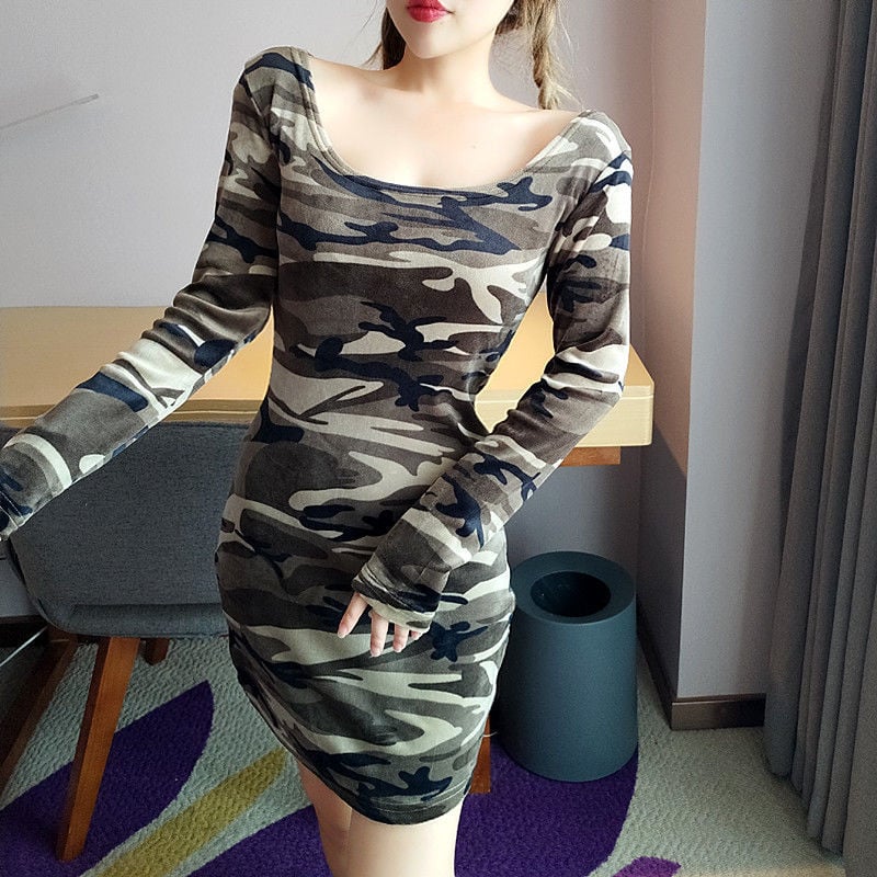 Sexy Nightclub Low Cut Trend Camouflage Printed Long Sleeve Dress