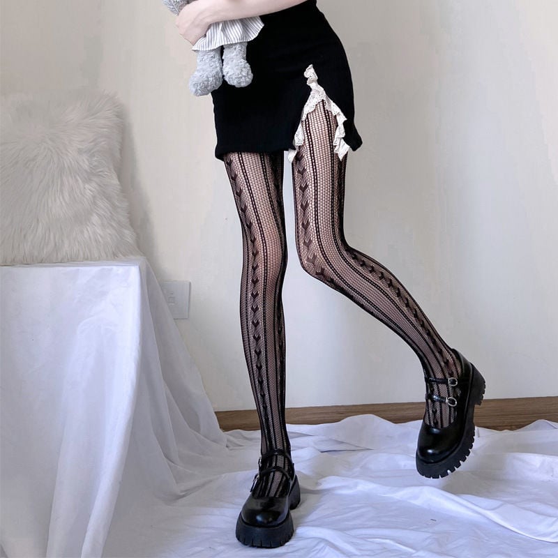 Heart-shaped Striped Socks Hot Girl College Style Black Silk Pantyhose