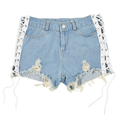 Bandage High Waist Perforated Denim Shorts