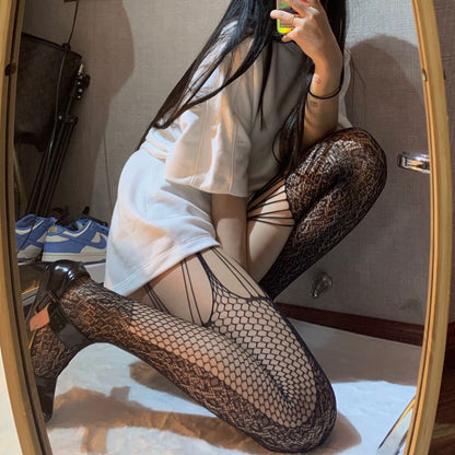 JK Hollow Out Sexy Lace Suspender Fishing Net Socks Black Silk Stockings Open File High Waist Stockings