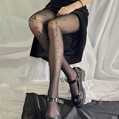 Trendy Printed Letter Silk Stockings JK Uniform with Silk Stockings Disco Club Black Silk