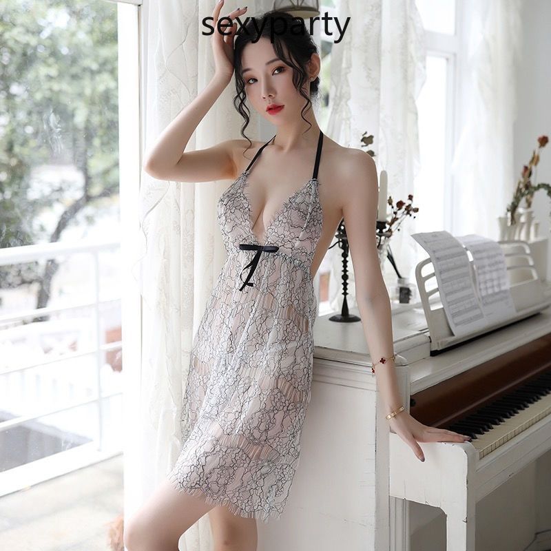 Sexy Lace Short Skirt Pajamas with Ultra-thin and Transparent Deep V-shaped Suspender Backless Pajamas