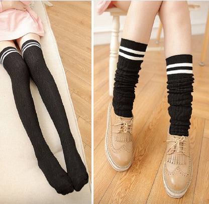 Women's Top Sexy Sweet Solid Color Knit Cotton Breathable Over The Knee Long Striped Thigh High Stocking High Elastic Underwear