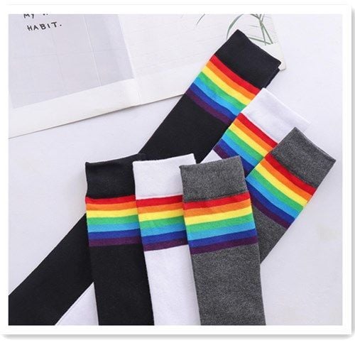 Student Wear Rainbow Stockings Bottoming Socks Pure Cotton Over The Knee Stockings