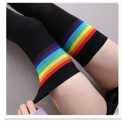 Student Wear Rainbow Stockings Bottoming Socks Pure Cotton Over The Knee Stockings