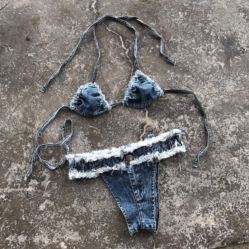 Super Short Denim Shorts Hot Pants Sexy Low Waist Bikini Two Piece Set