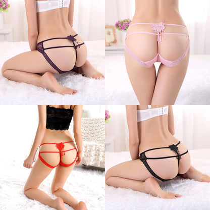 (4 Packs) Sexy Ladies Underwear Low Waist Lace Hollow Transparent Open Buttocks Briefs Panties Thongs