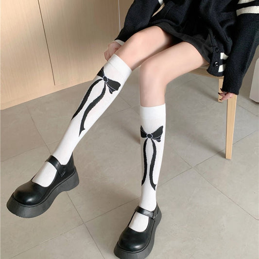 College Style Bowknot Tube Socks Women's Knitted Calf Socks Dark Line Lolita Pile Socks