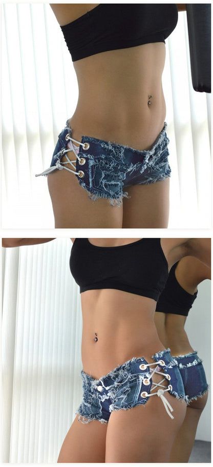 Sexy Cut Out Strap Low Waist Denim Shorts