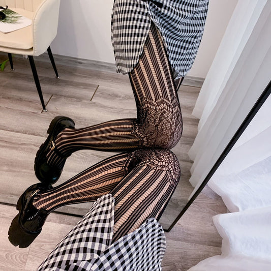 Fishnet Black Stockings Retro Striped Hollow Lace One-piece Tights