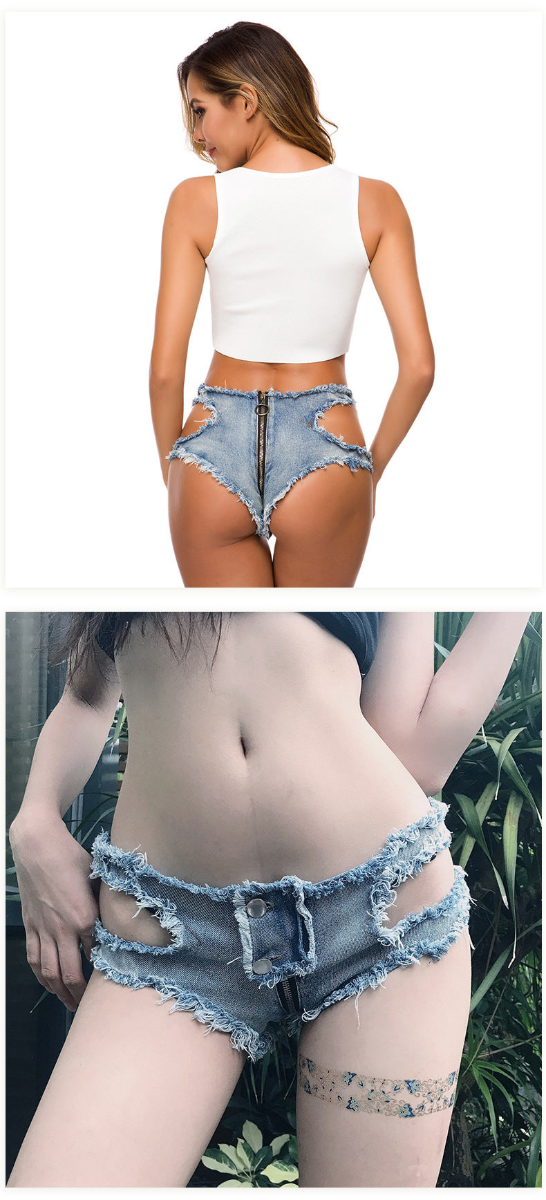 Nightclub women's sexy low waist perforated denim shorts