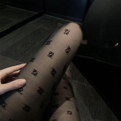 Sexy Black Silk Thin F Letter Pantyhose Office Stockings Nightclub Stockings