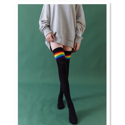 Student Wear Rainbow Stockings Bottoming Socks Pure Cotton Over The Knee Stockings