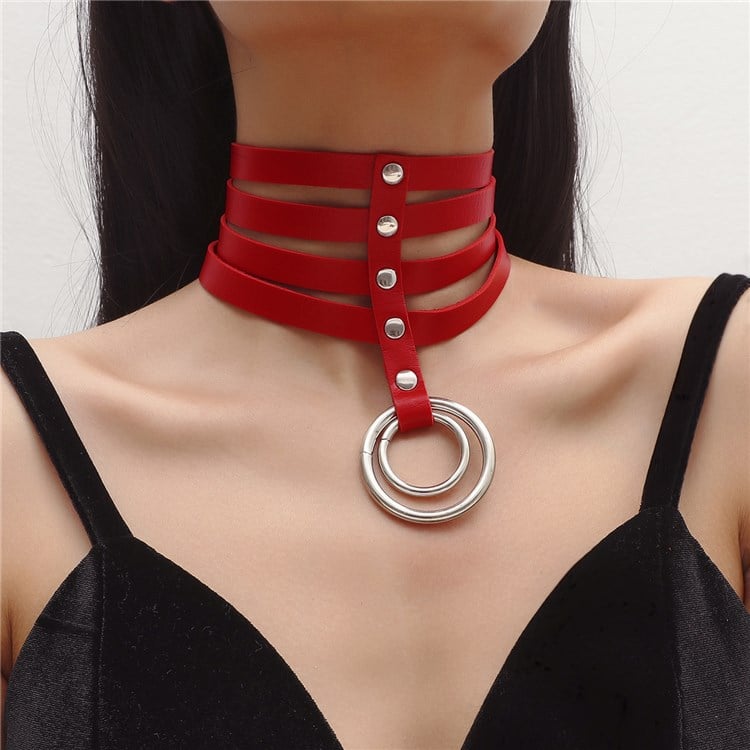 PU Necklace Bar Rivet Necklace Ring 4 Rows Leather Necklace Chain