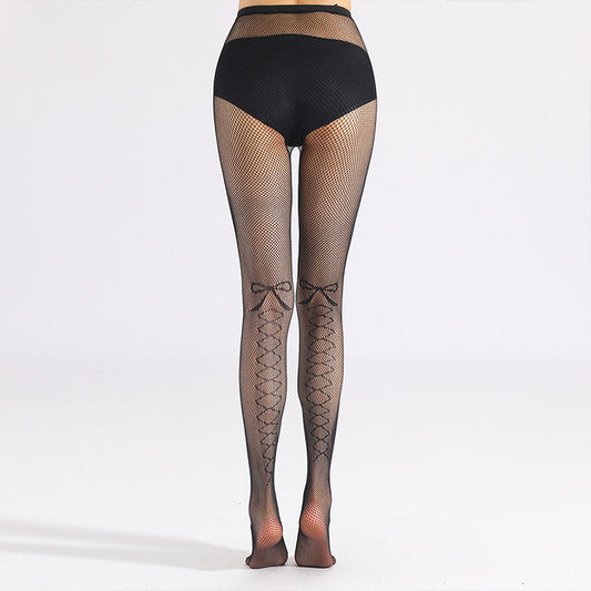 Fashion Bow Pattern Decorative Mesh Stockings Hot Diamond Pantyhose Hollow All-match Black Long Stockings