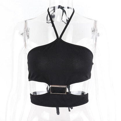 Sexy T-shirt with Halter Neck Strap and Beautiful Back Strap Metal Buckle